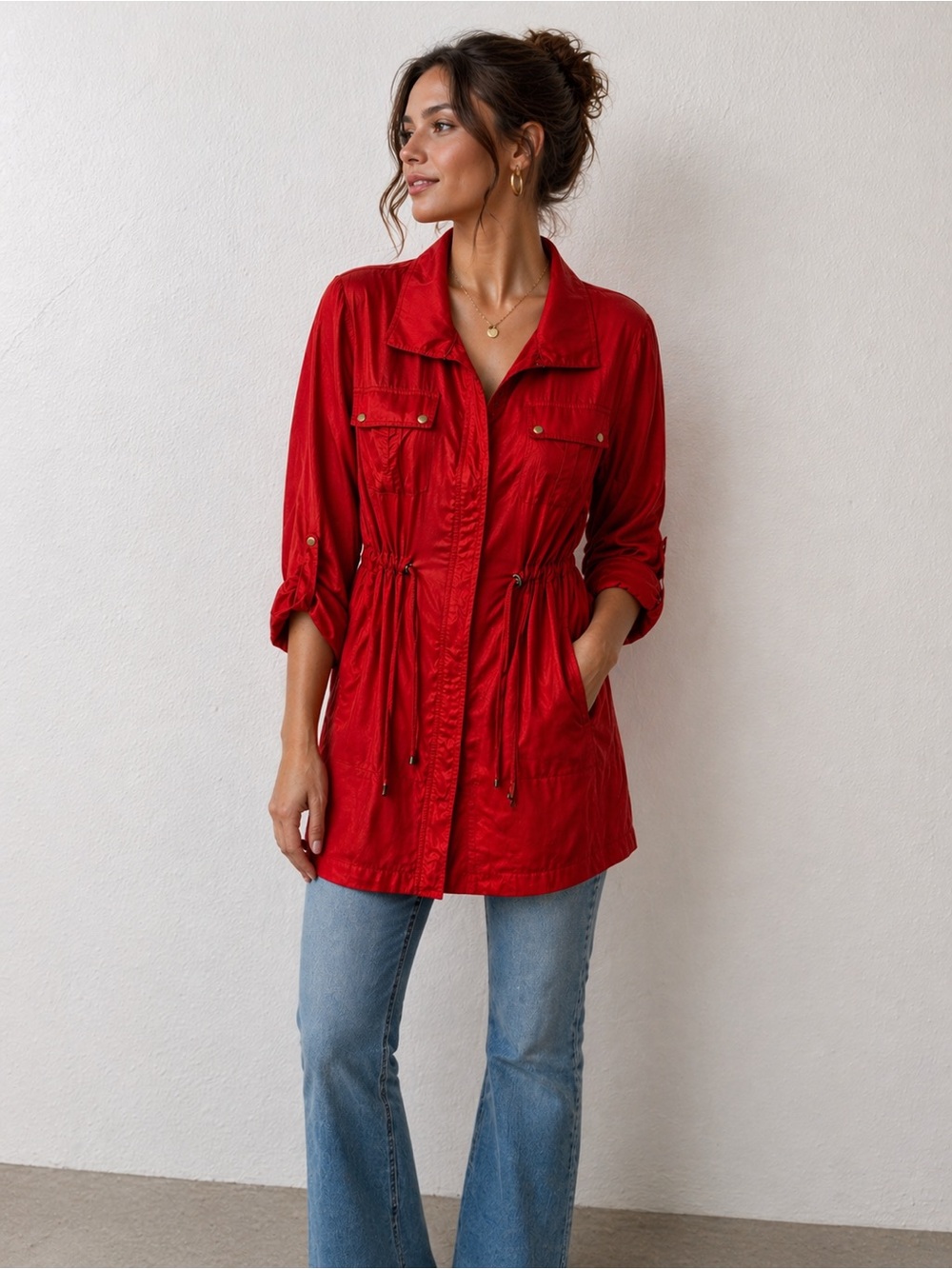 Chicos Size 2 Red Snake Jacquard Satin Drawstring Lightweight Safari Top  12/14